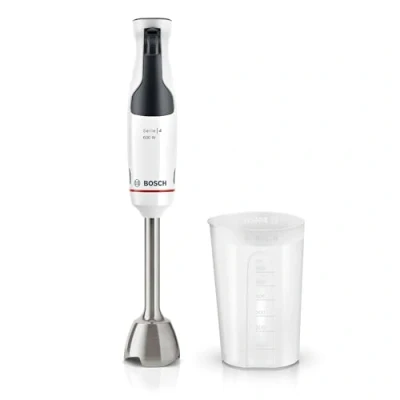 Abbildung von Bosch Stabmixer ErgoMaster Serie 4 MSM4W210, einhändig bedienbar, Edelstahl Klingen, verschleißfreie Keramik Kupplung, Mixbecher, QuattroBlade, AntiSplash Funktion, Einschaltsperre, 600 W, weiß