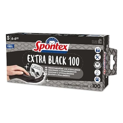 Abbildung von Spontex Extra Black Einmalhandschuhe aus Vinyl, ungepudert und latexfrei, vielseitig einsetzbar, in praktischer Spenderbox, Größe S, 100er Pack, schwarz