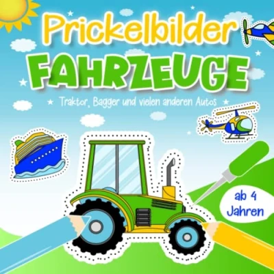 Abbildung von Prickelbilder Fahrzeuge ab 4 Jahren: Über 60 Prickelvorlagen Traktor, Bagger, u.v.m. Prickelblock für Jungen Malen, Prickeln, Schneiden und Basteln! Bastelbuch Kinder