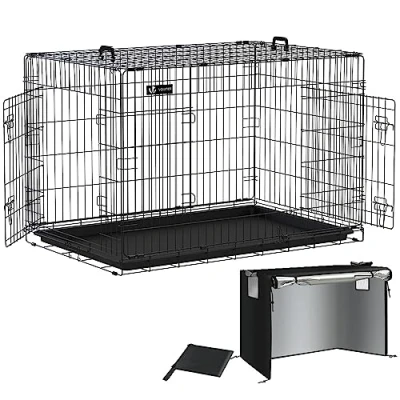 Abbildung von VOUNOT Hundekäfig Klappbar mit Abdeckung, Hundebox Auto Hundetransportkäfig Doppeltüren, 2 Transportgriffen &amp; Bodenschale, XXL 122x75x81 cm, Schwarz