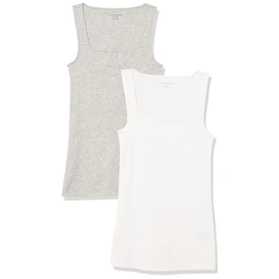 Abbildung von Amazon Essentials Damen Tanktop mit schmaler Passform und quadratischem Ausschnitt, 2er Pack, Weiß/Hellgrau Meliert, M