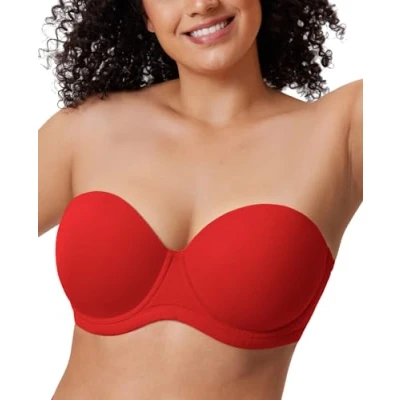 Abbildung von DELIMIRA Damen Trägerloser BH mit bügel Große Größen Seamless Dirndl Geformte Cups Lippenstift Rot 90H