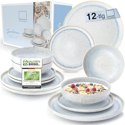 Abbildung von SÄNGER Tafelservice Santorini 12 tlg, Teller Set 4 Personen, Steingut Geschirr inkl. Speiseteller Dessertteller &amp; Tiefe Cremefarben mit Flieder Blauem Verlauf PREMIUM COLLECTION