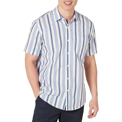 Abbildung von Amazon Essentials Herren Kurzärmeliges Hemd aus Popeline, Normale Passform, Blau Weiß Streifen, M