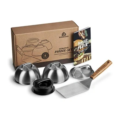 Abbildung von BURNHARD Burger Set 6 TLG. inkl. Burgerpresse, Wender, Smasher, 2 Melting Domes aus Edelstahl und Rezeptheft