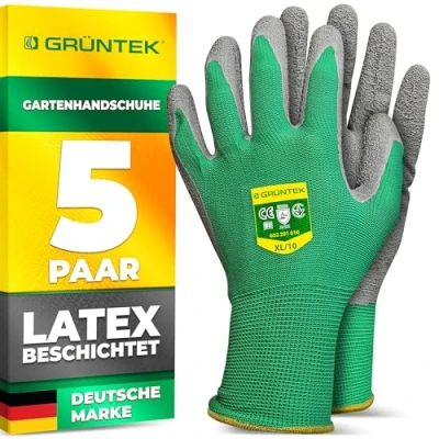 Abbildung von GRÜNTEK 5 Paar Gartenhandschuhe XL mit Latex Beschichtung, Garten und Bauhandschuhe, Arbeitshandschuhe geeignet für den privaten gewerblichen Gebrauch (XL/10)