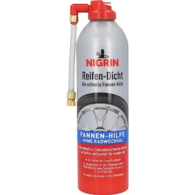 Abbildung von NIGRIN Reifendicht, 500 ml, sofortige Pannenhilfe, Reifendichtmittel repariert Löcher im Reifen Handumdrehen ohne Montage, Rot,Weiß