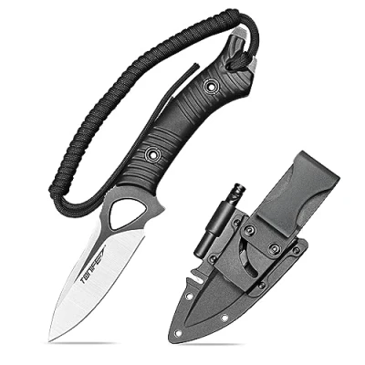 Abbildung von TONIFE Explorer Feststehendes Messer mit Scheide 8Cr14MoV Klinge Multifunktionales Überlebensmesser, Glasfaserverstärkter Nylongriff für Outdoor EDC (Schwarz+Schwarz Titan und Satin)
