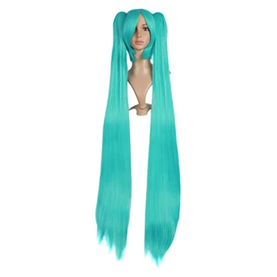 Abbildung von MapofBeauty Side Part Pony Ombre Länge Gerade Haarfasern Zwei Pferdeschwanz Synthetische Fibre Lolita Cosplay Anime Perücke (Gemischt Cyan)