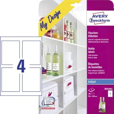 Abbildung von AVERY Zweckform MD4001 Flaschenetiketten (120x90 mm auf DIN A4, selbstklebend, bedruckbare Flaschenaufkleber für Glasflächen, Inkjet /Tintenstrahldrucker) 20 Etiketten Flaschen 5 Blatt weiß
