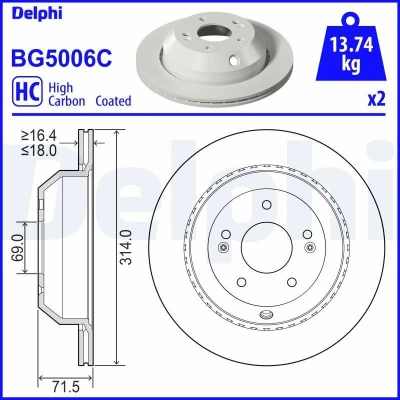 Abbildung von DELPHI BG5006C Bremsscheibe 314 18 Belüftet beschichtet hochgekohlt ohne Radlager, ABS Sensorring KIA: SORENTO 3