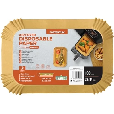 Abbildung von PORTENTUM Backpapier für Heißluftfritteuse, 100 Stück BPA frei, rechteckig, 22 14 cm, Airfryer kompatibel mit Ninja AF300EU, AF400EU, und Anderen Dual Zone Heißluftfritteuse