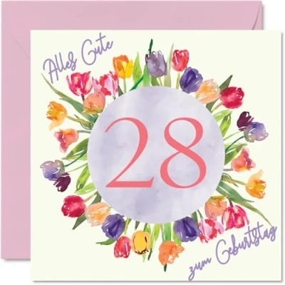 Abbildung von 28. Geburtstagskarte für Frauen Aquarell Tulpen Blumen Strauß Alles Gute zum Geburtstagskarten 28 Jährige Frau Tochter Tante, 145mm Achtundzwanzig Geburtstag Grußkarten