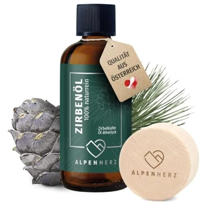 Abbildung von ALPEN HERZ Zirbenöl 100 ml mit Duftstein aus Zirbenholz 100% naturrein ätherisches Zirbelkieferöl Österreich Duftöl Raumduft Duftlampe Zirbenwürfel Aroma Diffuser Zirbe Zirbelkiefer Öl