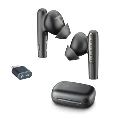 Abbildung von Poly Voyager Free 60 UC In Ear Headset Noise Cancelling Mikrofone für klare Gespräche ANC Tragbares Ladecase Kompatibel mit iPhone, Android, PC/Mac Teams zertifiziert Schwarz