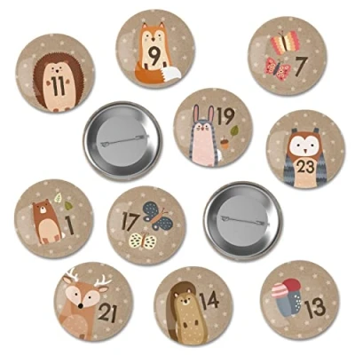 Abbildung von Papierdrachen 24 Adventskalender Zahlen Buttons 35mm Anstecknadeln zum Dekorieren von Adventskalendern mit 1 Waldtiere Ideal für Stoffsäckchen, Tüten und Beutel