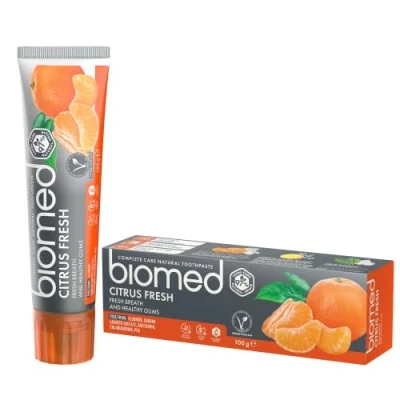 Abbildung von BIOMED Citrus Fresh Zahnpasta für einen frischen Atem fluoridfreie und 97% natürliche Zahncreme in einer 100g Packung