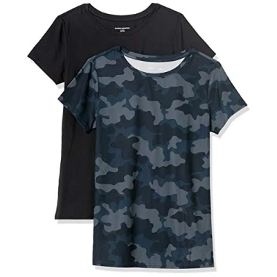 Abbildung von Amazon Essentials Damen Kurzärmliges Tech Stretch T Shirt mit Rundhalsausschnitt (in Übergröße erhältlich), 2er Pack, Marineblau Tarnmuster/Schwarz, L