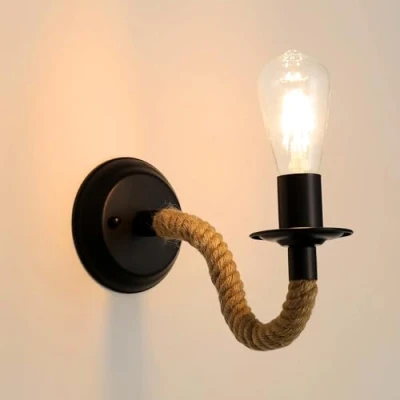 Abbildung von Comely Wandleuchte Retro, E27 Wandlampe aus Hanfseil Schwarz, Industrial Innen für Schlafzimmer, Wohnzimmer, Treppen, Flur (ohne Leuchtmittel)