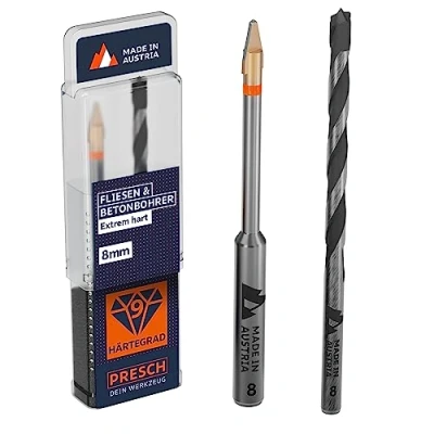 Abbildung von Presch Fliesenbohrer und Betonbohrer Set ⌀ 8mm Feinsteinzeug Bohrer für Keramik, harte Fliesen, Porzellan Glas Profi Porzellanbohrer, Keramikbohrer inkl. passendem Box