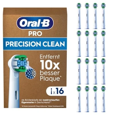 Abbildung von Oral B Pro Precision Clean Aufsteckbürsten für elektrische Zahnbürste, 16 Stück, Zahnreinigung, X Borsten, Original Zahnbürstenaufsatz, briefkastenfähige Verpackung, Designed in Germany