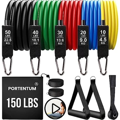Abbildung von PORTENTUM Elastisches Krafttraining mit 5 verschiedenen Stufen bis zu 150 lbs (68 kg), ideal für TRX oder ein Heim Fitnessstudio, Mehrfarbig, bunt
