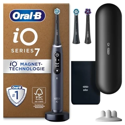 Abbildung von Oral B iO Series 7 PLUS Edition Elektrische Zahnbürste/Electric Toothbrush, 3 Aufsteckbürsten inkl. Whitening, Magnet Etui, 5 Putzmodi, Designed by Braun, Geschenk Mann/Frau, Black Onyx