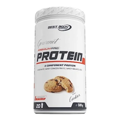 Abbildung von Best Body Nutrition Gourmet Premium Pro Protein, Cookies, 4 Komponenten Protein Shake: Caseinat, Whey Konzentrat, Isolat, Eiprotein, 500 g Dose