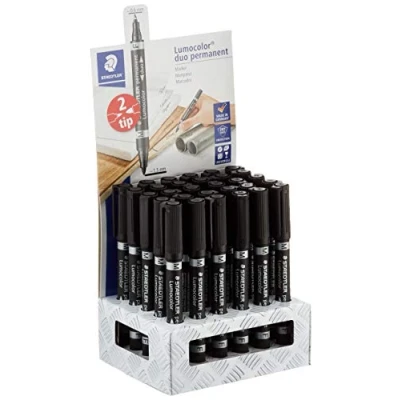 Abbildung von Staedtler Lumocolor 348 9 CA30 Permanentmarker mit doppelter Spitze. Präsentationsständer 30 schwarzen Doppelspitzen.
