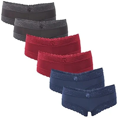 Abbildung von Fabio Farini 6er Pack Damen Panties Hipster mit verführerischen Spitzendetails Frauen Unterhosen Brazilian Slips Brasil Spitze Set Unterwäsche 2X Blau/2x Rot/2x Grau 36 38