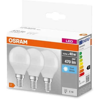 Abbildung von OSRAM LED BASE Classic P40, matte Filament Lampen aus Glas für E14 Sockel,Klassische Miniballform, Kaltweiß (4000K), 470 Lumen, Ersatz herkömmliche 40W Glühbirnen, 3 Stück (1er Pack)