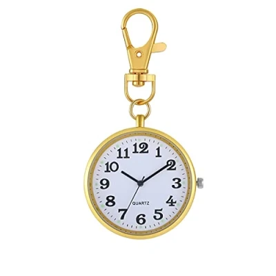 Abbildung von JewelryWe Taschenuhr Uhr mit Karabiner Schlüsselanhänger: Damen Herren Karabineruhr Klassische Einfache Analog Quarz Uhren Gold Rundem Gehäuse und großen Arabischen Zahlen Zifferblatt