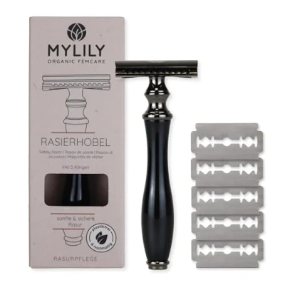 Abbildung von MYLILY Rasierhobel inklusive 5 Rasierklingen I deine perfekte Rasur Damen Safety razor Intimbereich Rasierer plastikfrei zero waste shaving Schwarz