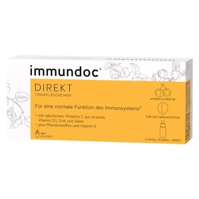Abbildung von immundoc DIREKT Trinkfläschchen, Immunsystem auf Knopfdruck, 6 Stück à 10ml, Nahrungsergänzungsmittel mit natürlichem Vitamin C aus Acerola, D3, E, Zink und Selen