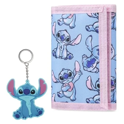 Abbildung von Disney Geldbörse Mädchen mit Schlüsselanhänger Kinder, Stitch &amp; Frozen Geldbeutel Kinder Set Geschenke (Blau Stitch)