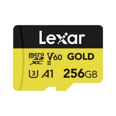 Abbildung von Lexar Gold Micro SD Karte 256GB, microSDXC UHS II Speicherkarte, V60, U3, A1, C10 microSD Karte, Bis Zu 280MB/s Lesegeschwindigkeit, für Drohne/Actionkamera/UHS Gaming Gerät (LMSGOLD256G BNNNG)