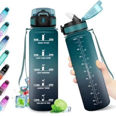 Abbildung von Wasserflasche 1L, Kohlensäure Geeignet, Trinkflasche mit Strohhalm, Sport Auslaufsicher Zeitmarkierung, BPA frei, Ideal für Outdoor, Fitness, Schule, Büro, Erwachsene, Fahrrad