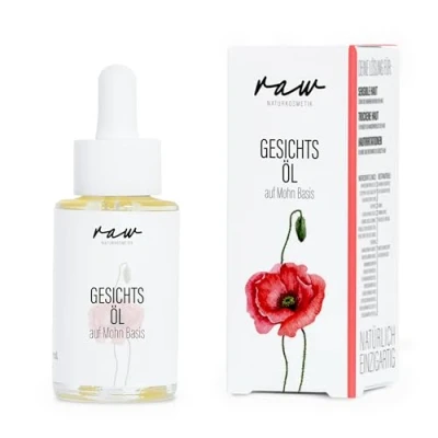 Abbildung von raw Kosmetik, Gesichtsöl Mohn 30ml, mit kaltgepresstem Bio Öl, ideal für trockene &amp; sehr sensible Haut, beruhigt und regeneriert, fördert Hautelastizität, schützt vor Feuchtigkeitsverlust, 100% vegan