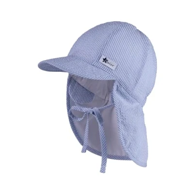 Abbildung von Sterntaler Schirmmütze mit Nackenschutz Streifen Seersucker, Bindeband für Jungen Baby Mütze Ohrenklappen und UV Schutz 50+ Streifenoptik himmelblau, 45