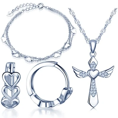 Abbildung von Yumilok 925 Sterling Silber Zirkonia Herzen Kreuz Halskette Charm Armband Creolen Schmuck Set Kette mit Anhänger Armkette Ohrringe für Damen Mädchen