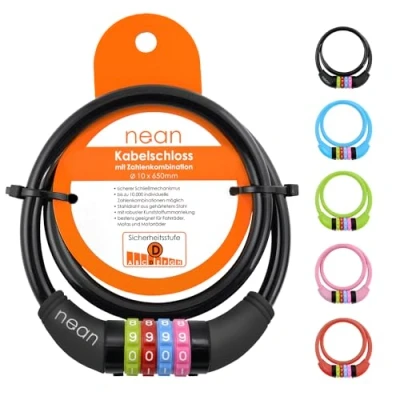 Abbildung von nean Fahrradschloss mit Zahlen für Kinder, diverse Farben,10x650 mm, Kabel Schloss Code Kombination, Kinderschloss Fahrrad, Kinderfahrradschloss farbenfroh, Zahlenschloss Kind Mädchen, Jungen, schwarz