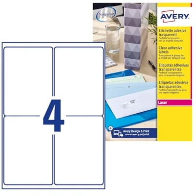 Abbildung von AVERY Zweckform L7786 25 transparente Etiketten (100 Klebeetiketten, 99,1x139 mm auf A4, Aufkleber zum Bedrucken, selbstklebend, wetterfest, Beschriftungen/Produktaufkleber) Blatt, durchsichtig