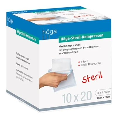 Abbildung von Höga Steril Kompressen, sterile Mullkompressen 10 x 20 cm 25x2 Stück, steril, 8 fach, EN 14079 Typ 17