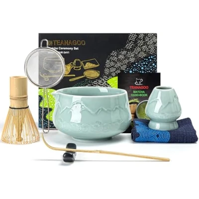 Abbildung von TEANAGOO Japanischer Matcha Schneebesen (7 Stück) Set Mtacha Kit Schüssel mit Ausgießer Bambus (chasen) Schaufel Schneebesenhalter.N36, Seladon Blau