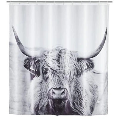 Abbildung von WENKO Duschvorhang Mod. Yak, hygienischer Textil Vorhang, waschbar, wasserabweisend &amp; pflegeleicht, mit 12 Ringen zur Befestigung an der Duschstange, 180 x 200 cm, Weiß/Schwarz