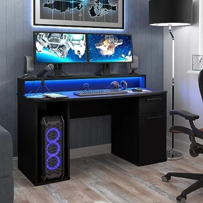 Abbildung von Forte Tezaur Gaming Schreibtisch mit 1 Tür und Schublade inkl. RGB Beleuchtung, Holzwerkstoff, Mattschwarz, B x H T: 140 91 65 cm