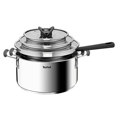 Abbildung von Tefal G7376S Opti&#039;Space Topfset 6 teilig Stielkasserolle 16 cm (inkl. Deckel) Kochtöpfe 20/24 Edelstahl Thermo Fusion Boden für alle Herdarten Induktion Grau