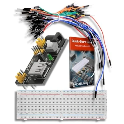 Abbildung von AZDelivery MB 102 Breadboard Kit 830 Breadboard, Netzteil Adapter 3,3V 5V, 65Stk Steckbrücken kompatibel mit Arduino inklusive Ebook!