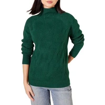 Abbildung von Amazon Essentials Damen Soft Touch Pullover mit Trichterkragen und Zopfmuster, Dunkelgrün, L