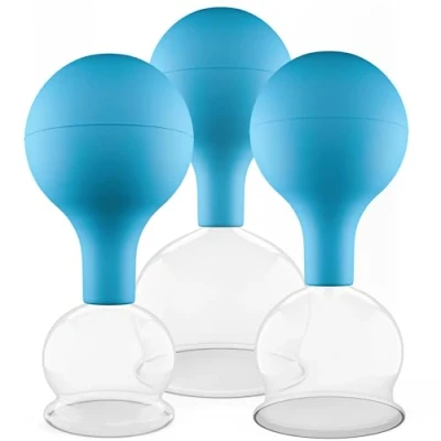 Abbildung von Pulox Schröpfgläser Set aus Echtglas mit Saugball 3x Medizinisches Schröpfglas in Blau 40mm, 52mm, 62mm